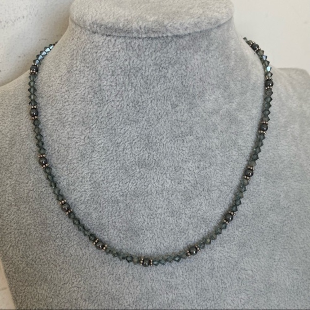 925 Sterling Silver Green Tourmaline Hematite Crystal Beaded Choker Necklace NEW